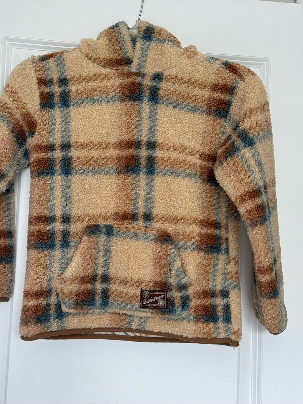 Frye Tan Plaid Sherpa Hoodie with Blue & Brown Accents